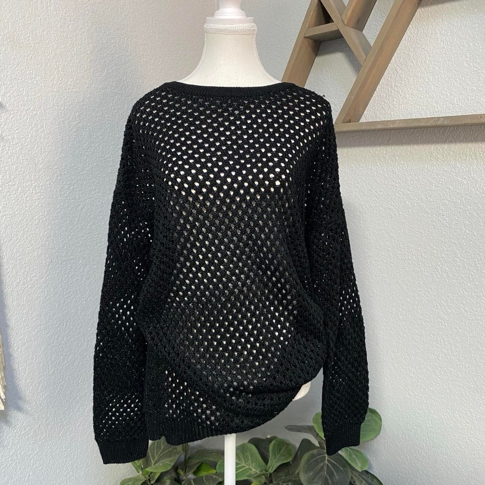 LIZ CLAIBORNE BLACK OPEN KNIT HOLLOW OUT LONG SLEEVE SWEATER NETTED SHIMMERY